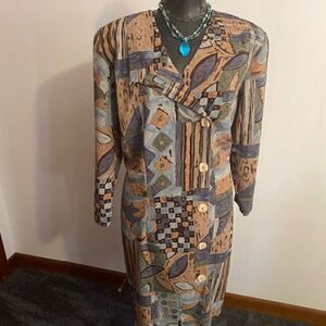 Stephanie Thomas Vintage Floral Gray/Tan/Brown button-front dress, size 16